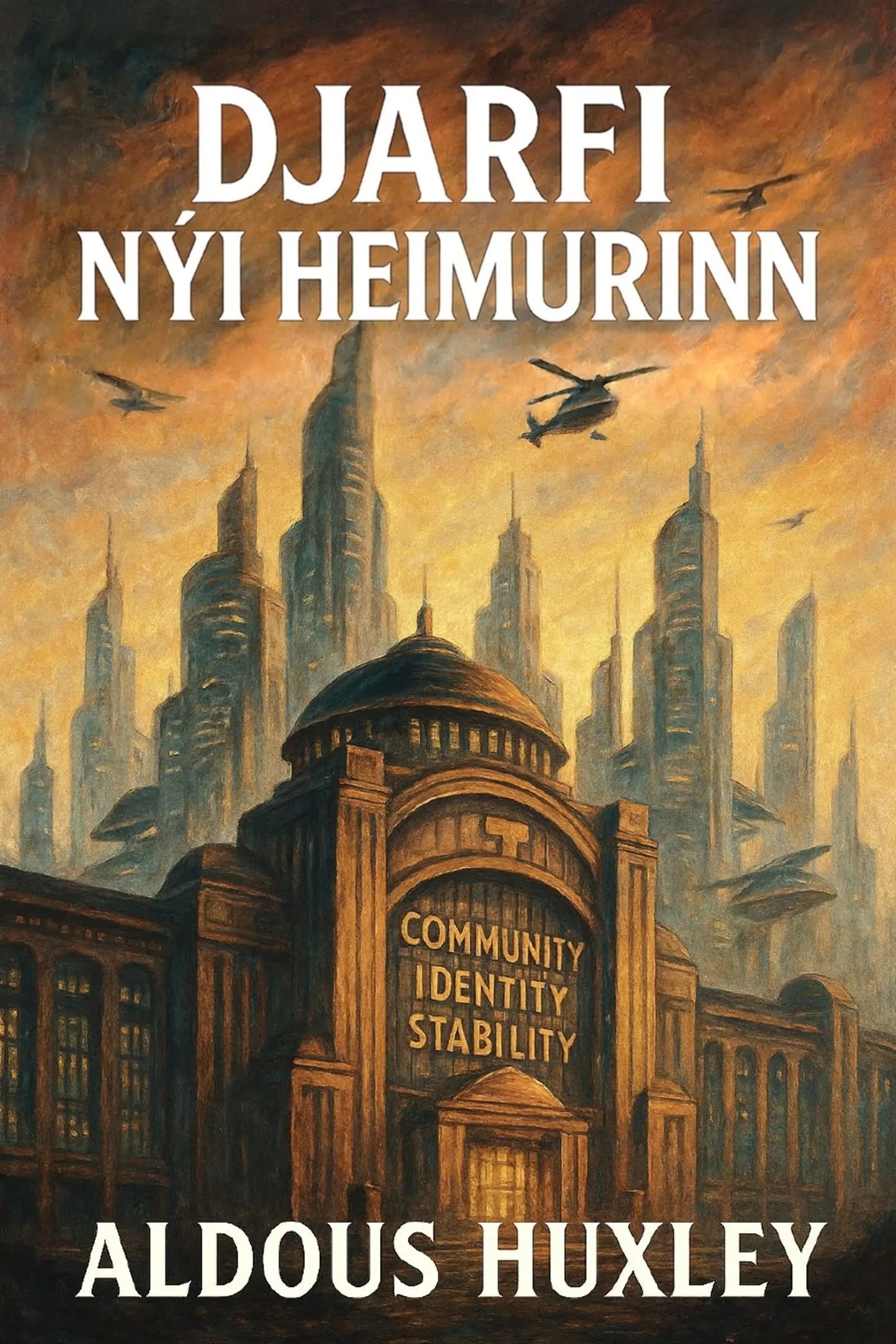 Book cover for 'Djarfi nýi heimurinn' by Aldous Huxley, featuring a dramatic sci-fi cityscape with tall futuristic buildings, flying vehicles, and a large central domed structure under a warm orange sky.