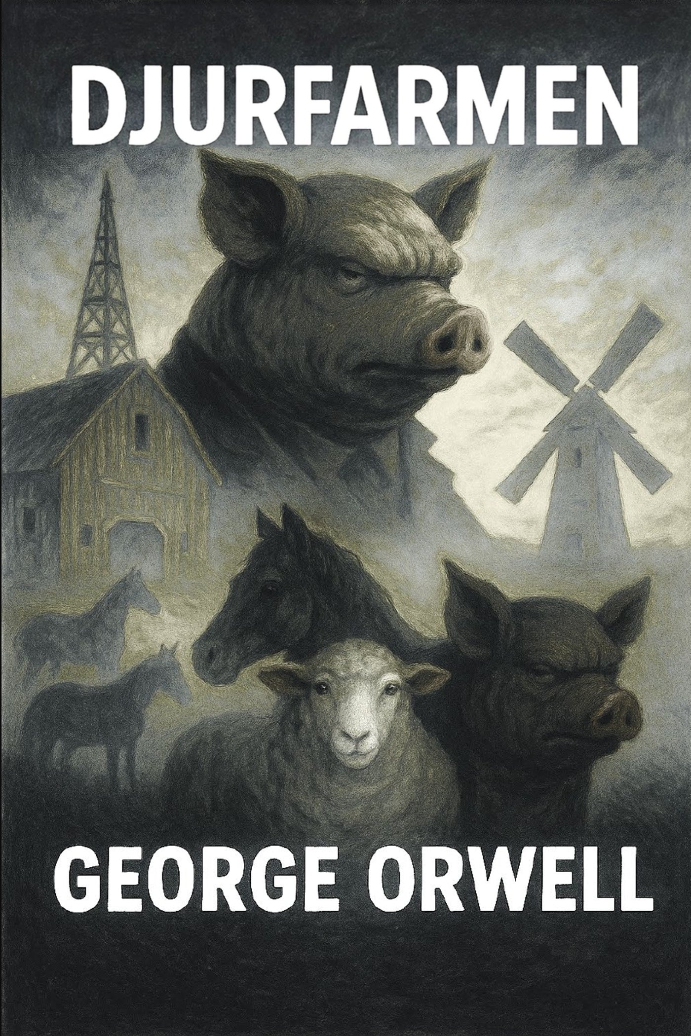 Book cover of 'Djurfarmen' by George Orwell featuring animals and a windmill.