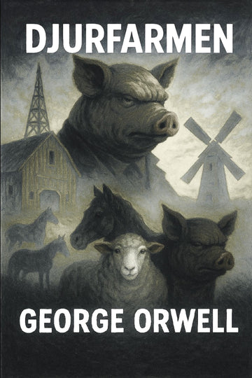 Book cover of 'Djurfarmen' by George Orwell featuring animals and a windmill.