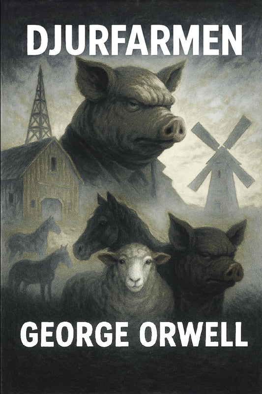 Book cover of 'Djurfarmen' by George Orwell featuring animals and a windmill.