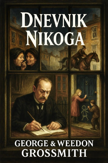 Book cover for 'Dnevnik nikoga' by George & Weedon Grossmith, featuring a dark, vintage-style collage of scenes viewed through a window: a man writing, a woman in a pink dress at a door, a horse rider, and two people talking. Large white title text appears at the top, and the authors' names appear at the bottom.