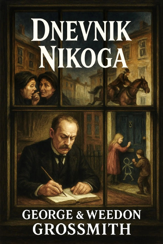 Book cover for 'Dnevnik nikoga' by George & Weedon Grossmith, featuring a dark, vintage-style collage of scenes viewed through a window: a man writing, a woman in a pink dress at a door, a horse rider, and two people talking. Large white title text appears at the top, and the authors' names appear at the bottom.