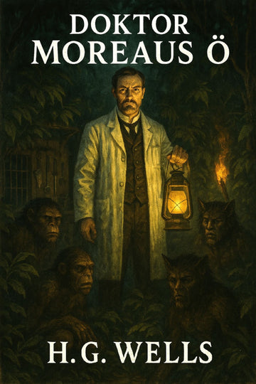Book cover of 'Doktor Moreaus ö' by H.G. Wells featuring a man in a lab coat with a lantern and creatures.