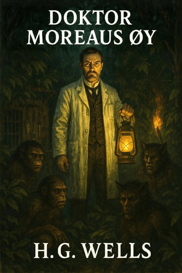 Book cover of 'Doktor Moreaus øy' by H.G. Wells featuring a man in a lab coat with a lantern and creatures.
