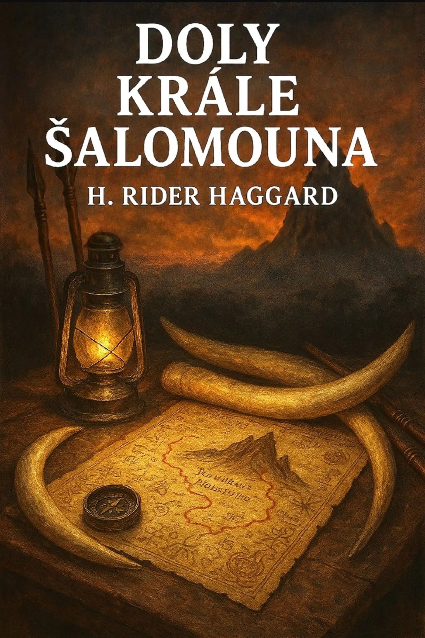 Book cover for 'Doly krále Šalomouna' by H. Rider Haggard, featuring an illustrated scene with a lantern, treasure map, tusks, and a dramatic mountain landscape.
