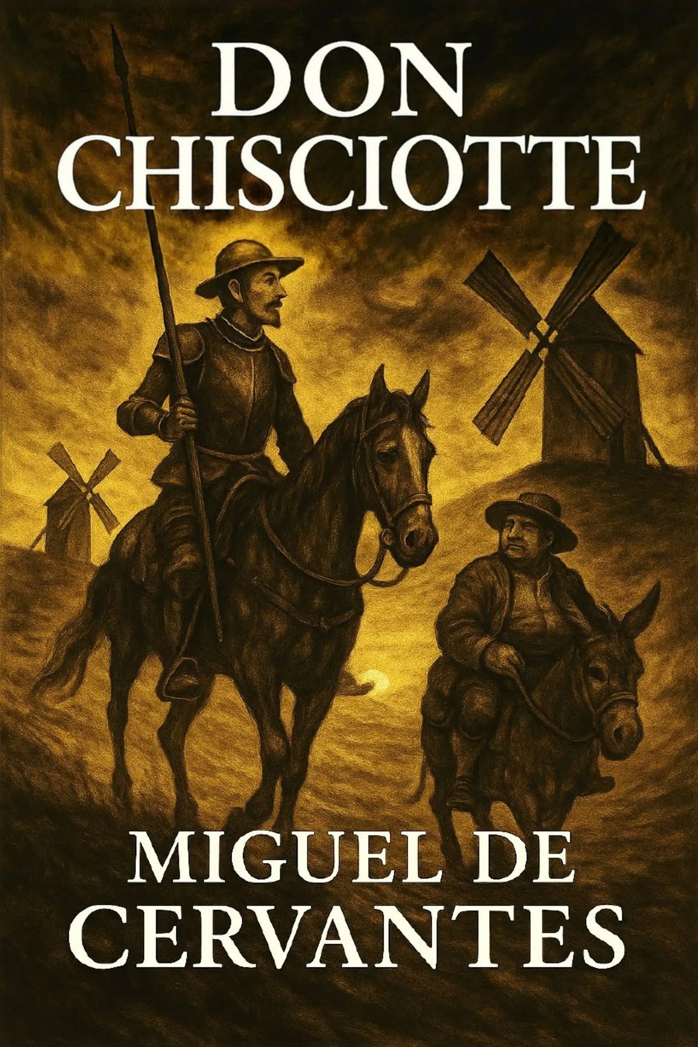 Book cover for 'Don Chisciotte' by Miguel de Cervantes, featuring an illustration of two mounted figures in a sepia-toned landscape with windmills and large white title text.