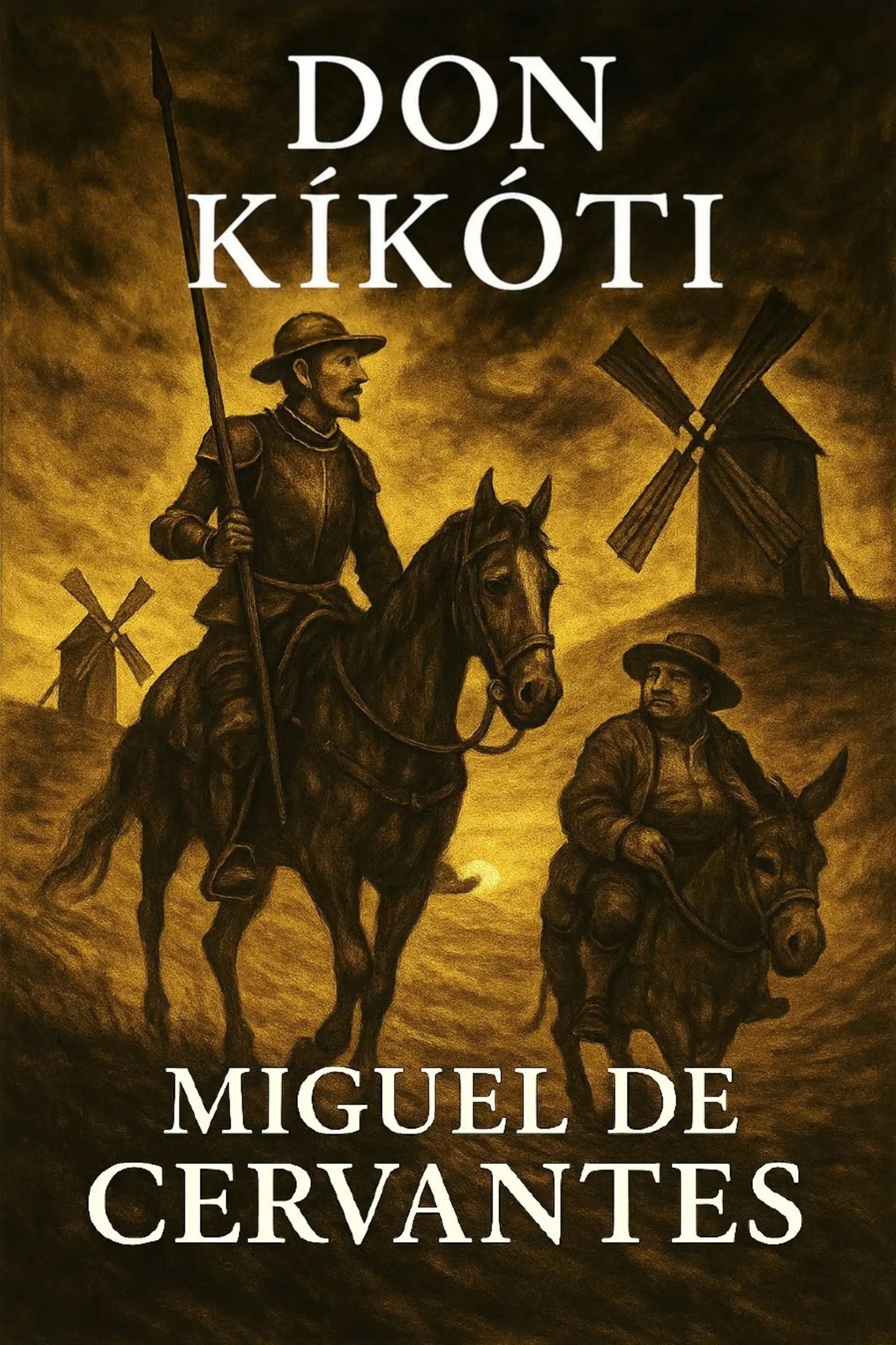 Book cover for 'Don Kíkóti' by Miguel de Cervantes, featuring an illustration of two men on horseback against a sepia-toned landscape with windmills and a glowing sun.