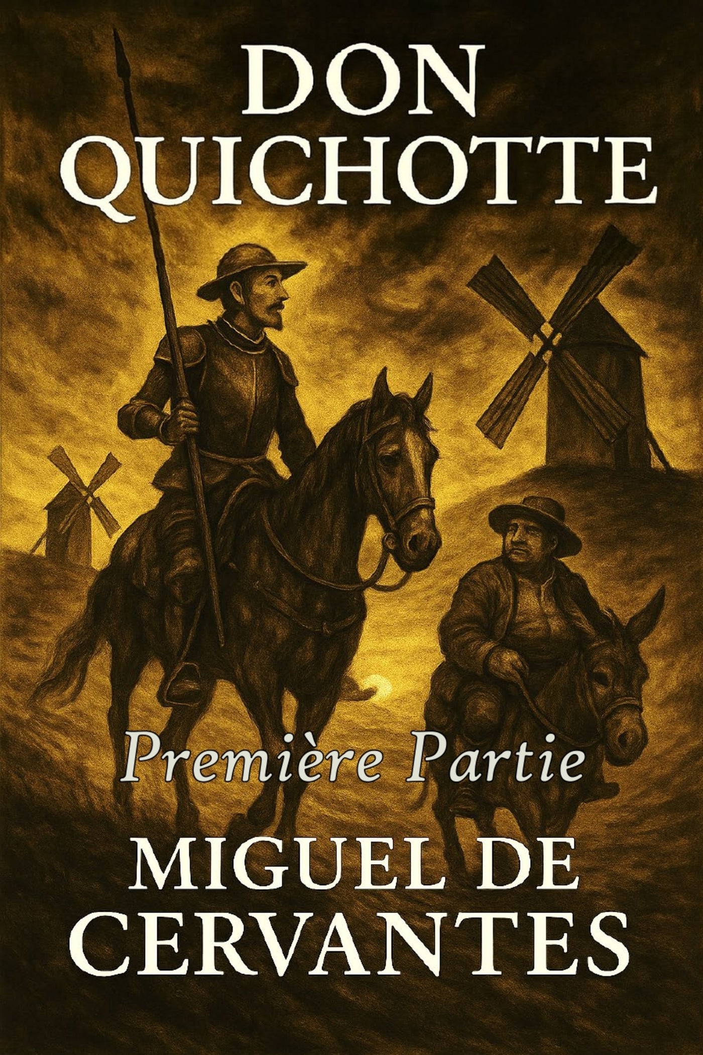 Book cover of 'Don Quichotte' by Miguel de Cervantes with a scene of a man on horseback and another on a donkey in front of windmills.