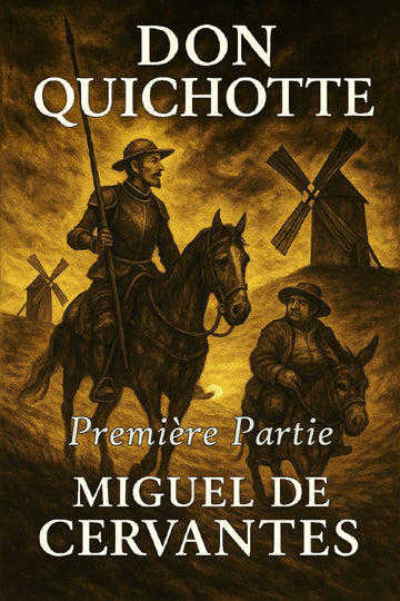 Book cover of 'Don Quichotte' by Miguel de Cervantes with a scene of a man on horseback and another on a donkey in front of windmills.