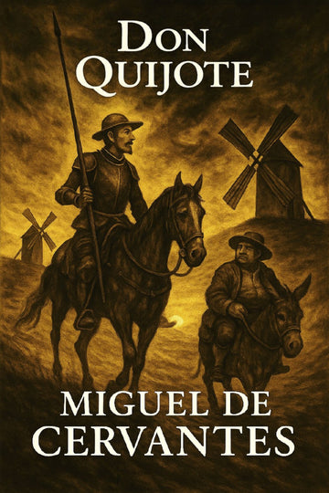 Book cover of 'Don Quijote' by Miguel de Cervantes featuring a man on horseback and another on a donkey with windmills in the background.