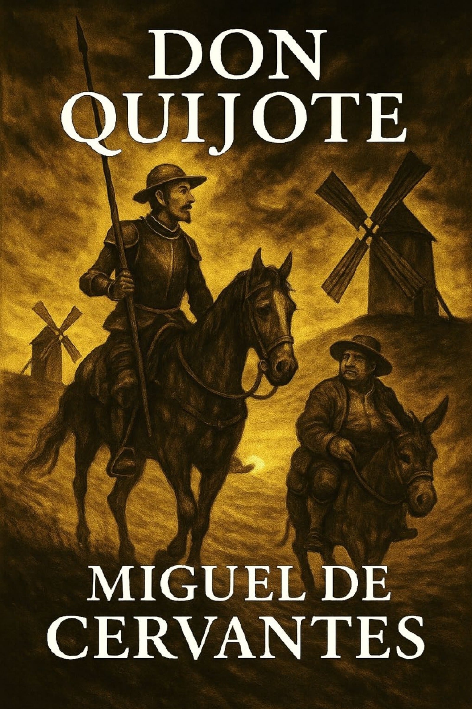 Book cover of 'Don Quijote' by Miguel de Cervantes featuring a silhouette of a man on horseback and another on a donkey with windmills in the background.
