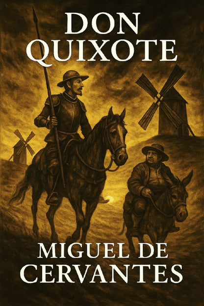 Book cover of 'Don Quixote' by Miguel de Cervantes featuring a man on horseback and another on a donkey with windmills in the background.