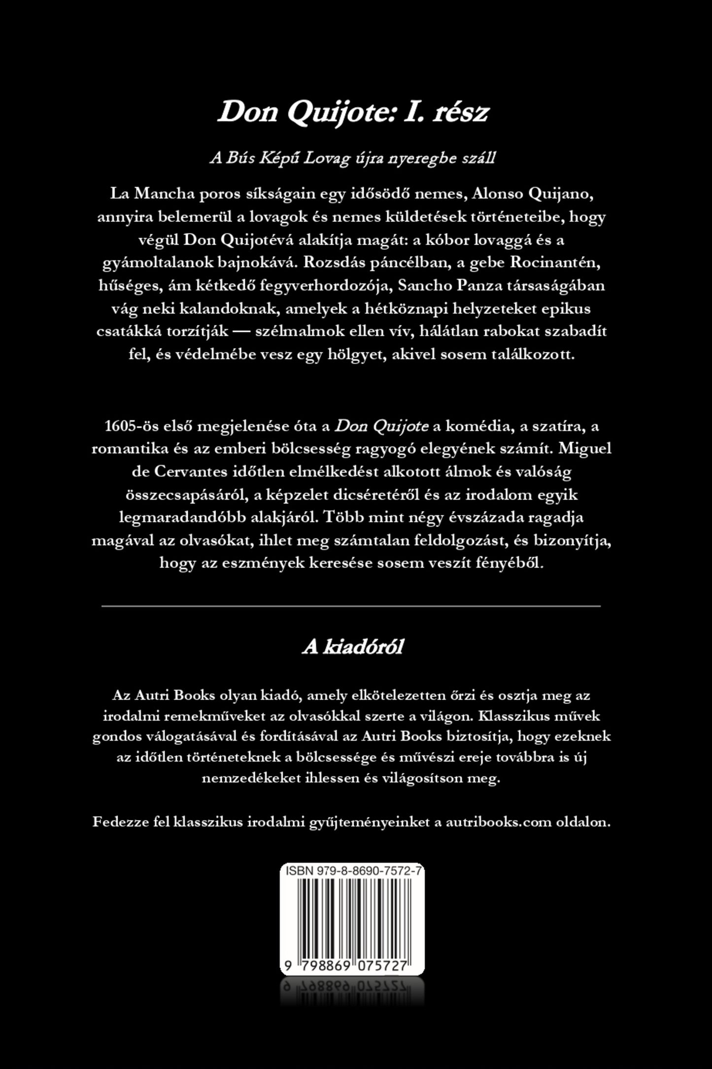 Back cover of a book with text in Hungarian about Don Quijote, featuring a black background.