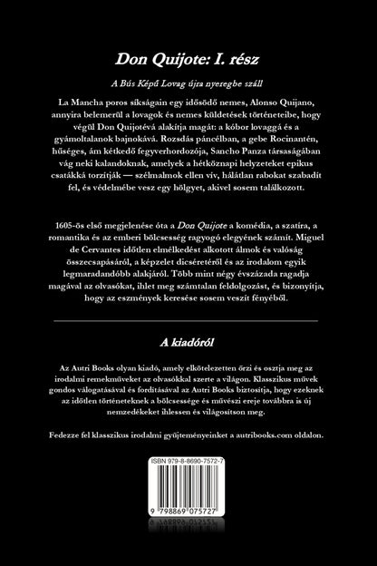 Back cover of a book with text in Hungarian about Don Quijote, featuring a black background.