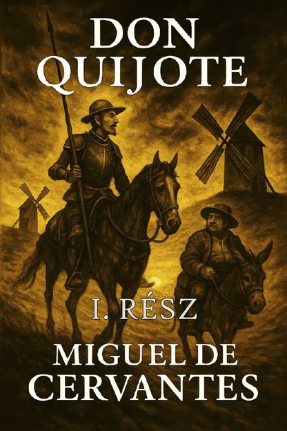 Book cover of 'Don Quijote' by Miguel de Cervantes featuring a man on horseback and another on a donkey with windmills in the background.