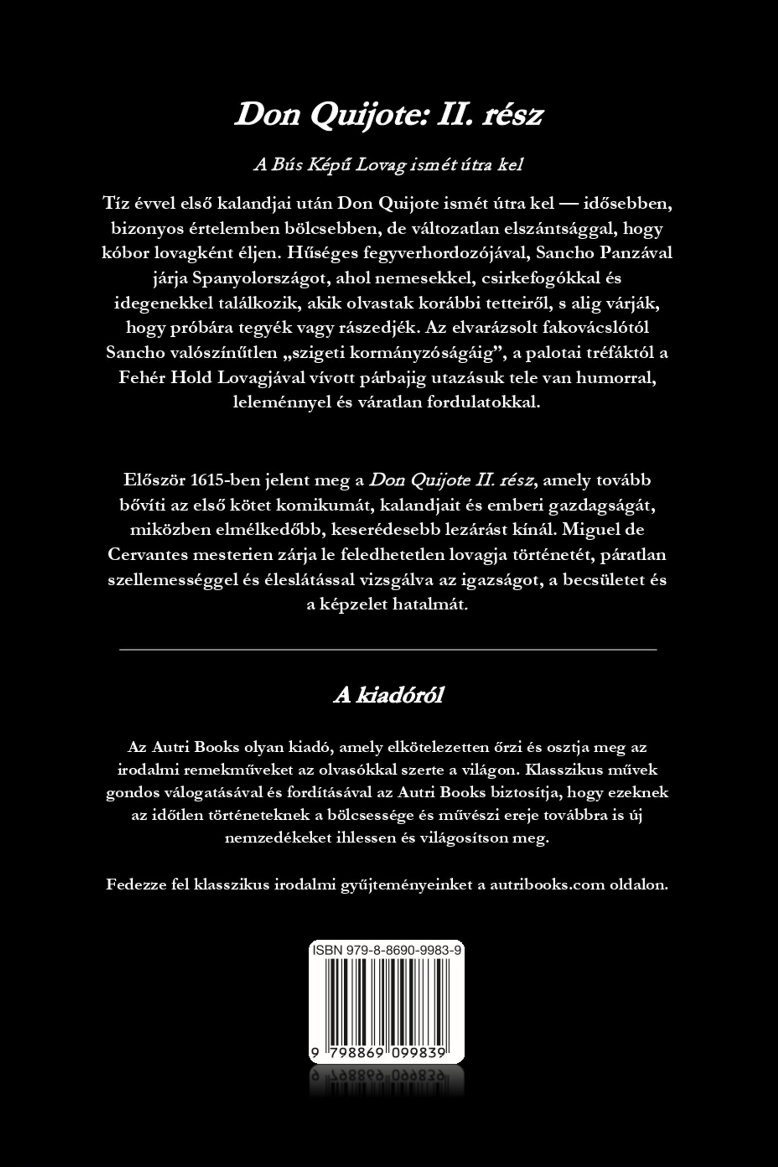 Book cover of 'Don Quijote: II. rész' with text in Hungarian