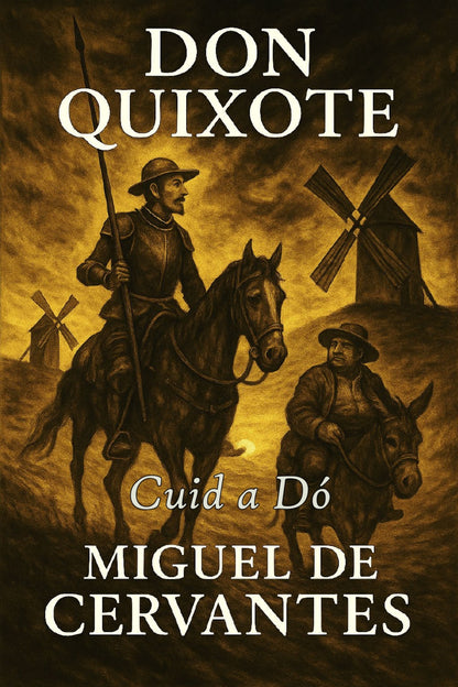 Book cover of 'Don Quixote' with a scene from the novel featuring a man on horseback and another on a donkey, set against windmills.