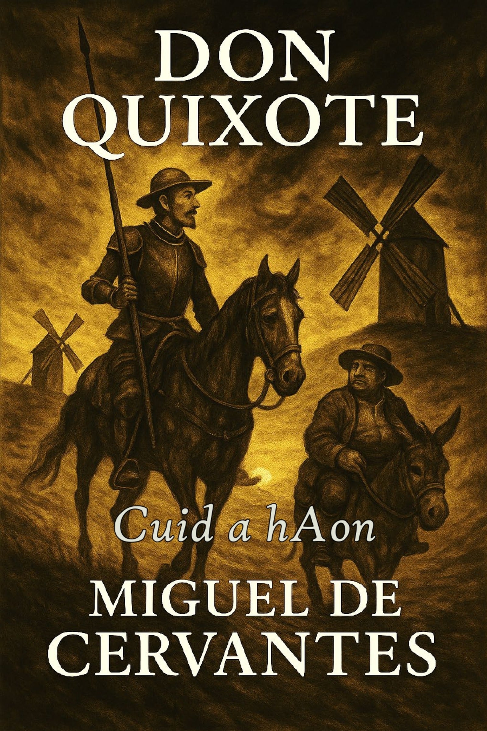 Book cover of 'Don Quixote' by Miguel de Cervantes with a scene from the novel.