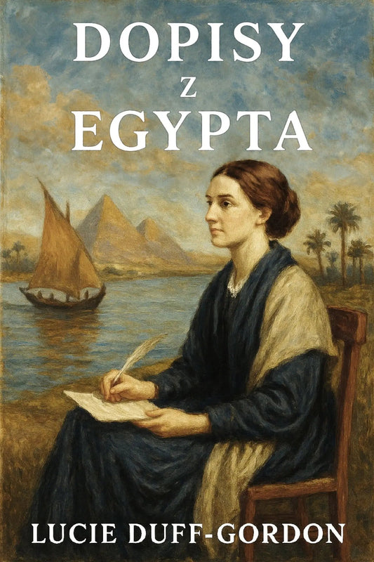 Book cover for 'Dopisy z Egypta' by Lucie Duff-Gordon, featuring a painted portrait of a woman writing near the pyramids and a sailboat on the water.