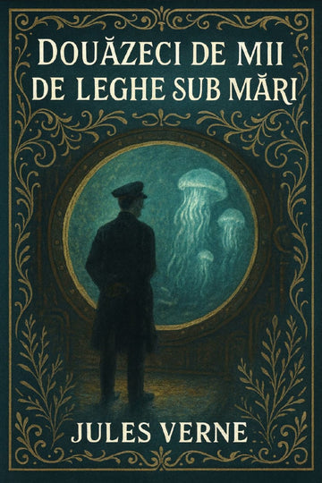 Book cover of 'Douăzeci de mii de leghe sub mări' by Jules Verne with a silhouette of a person and a jellyfish.