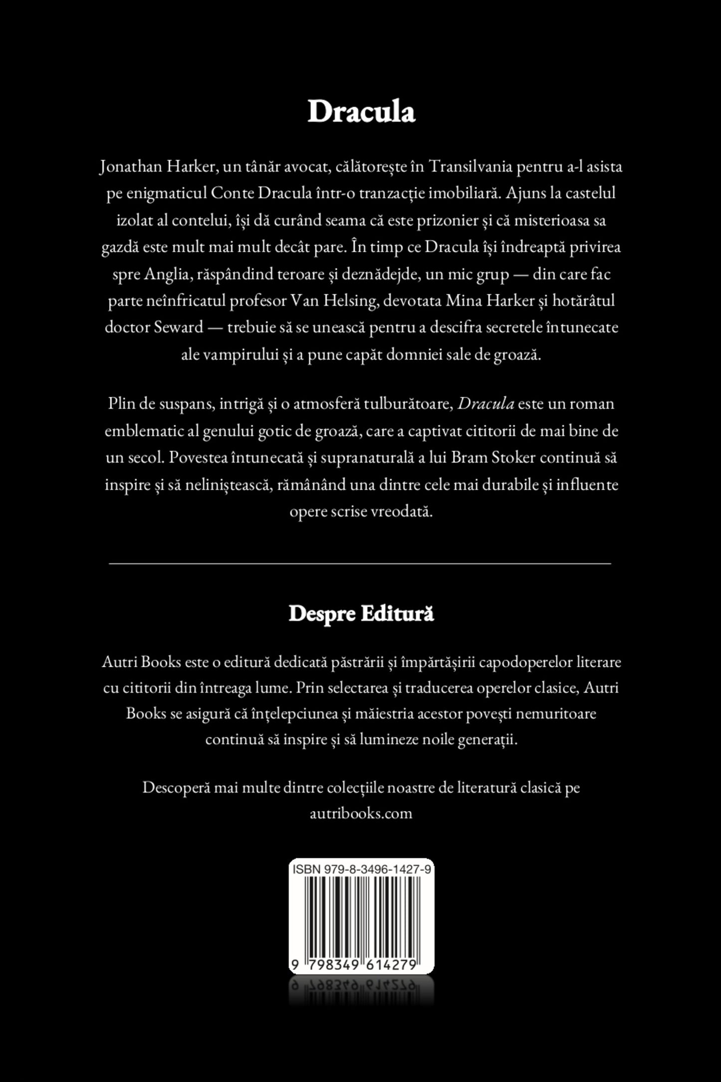 Back cover of a book titled 'Dracula' with text and a barcode.