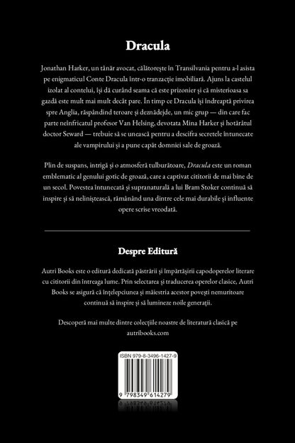 Back cover of a book titled 'Dracula' with text and a barcode.