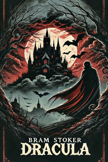 Book cover of 'Dracula' by Bram Stoker featuring a silhouette of a vampire and a castle.