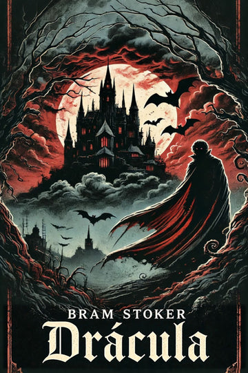 Book cover of 'Drácula' by Bram Stoker featuring a castle, bats, and a silhouette.