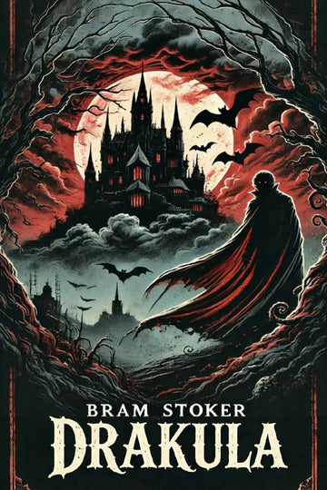 Book cover of 'Drakula', featuring a dark gothic castle under a red moon, bats, storm clouds, and a cloaked figure in a flowing red cape.