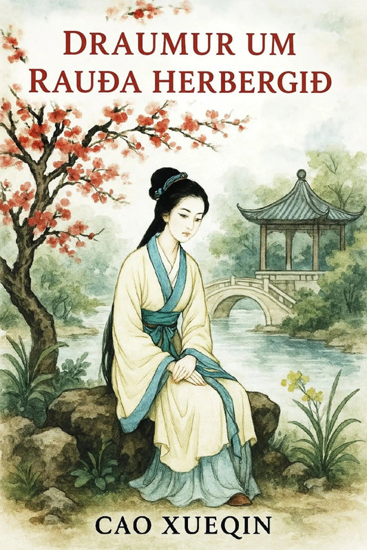 Book cover for 'Draumur um rauða herbergið' by Cao Xueqin, featuring an illustrated seated woman in traditional pale yellow and teal robes beside a river, bridge, pavilion, and flowering tree.