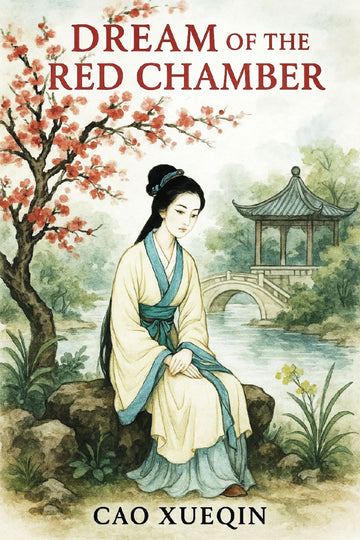 Book cover of 'Dream of the Red Chamber' with a woman in traditional Chinese attire sitting by a pond and bridge.