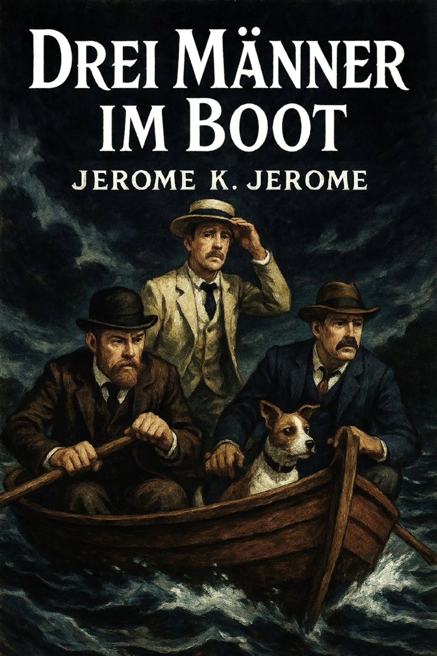 Book cover for 'Drei Männer im Boot' by Jerome K. Jerome, featuring an illustration of three men in a small boat on dark, stormy water, with a small dog beside them.