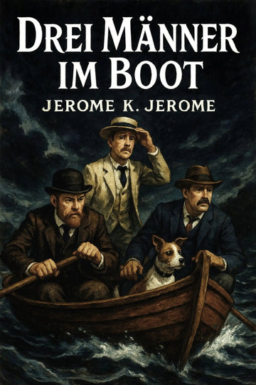 Book cover for 'Drei Männer im Boot' by Jerome K. Jerome, featuring an illustration of three men in a small boat on dark, stormy water, with a small dog beside them.