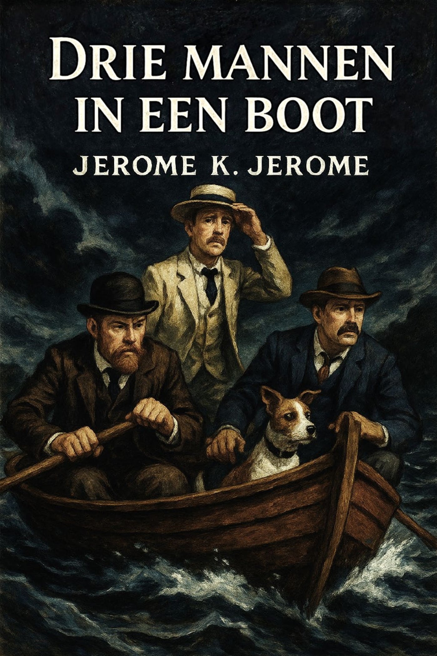 Book cover of 'Drie mannen in een boot' by Jerome K. Jerome with three men in a boat on a stormy sea.