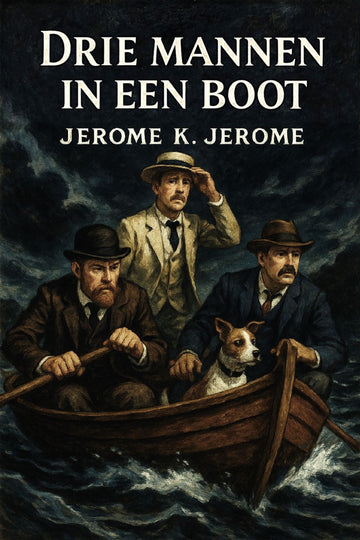 Book cover of 'Drie mannen in een boot' by Jerome K. Jerome with three men in a boat on a stormy sea.