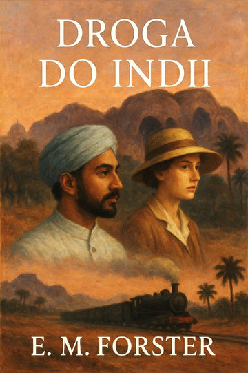 Book cover of 'Droga do Indii' by E. M. Forster with two characters and a train in the background.
