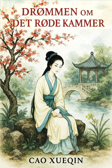 Book cover of 'Drømmen om det røde kammer' with a woman in traditional attire sitting by a pond and bridge.