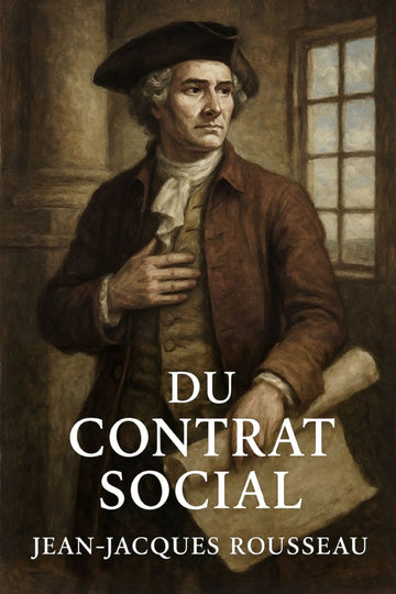 Book cover for 'Du Contrat Social' by Jean-Jacques Rousseau, featuring a painted portrait of Rousseau in historical clothing against a dim interior background with a window.