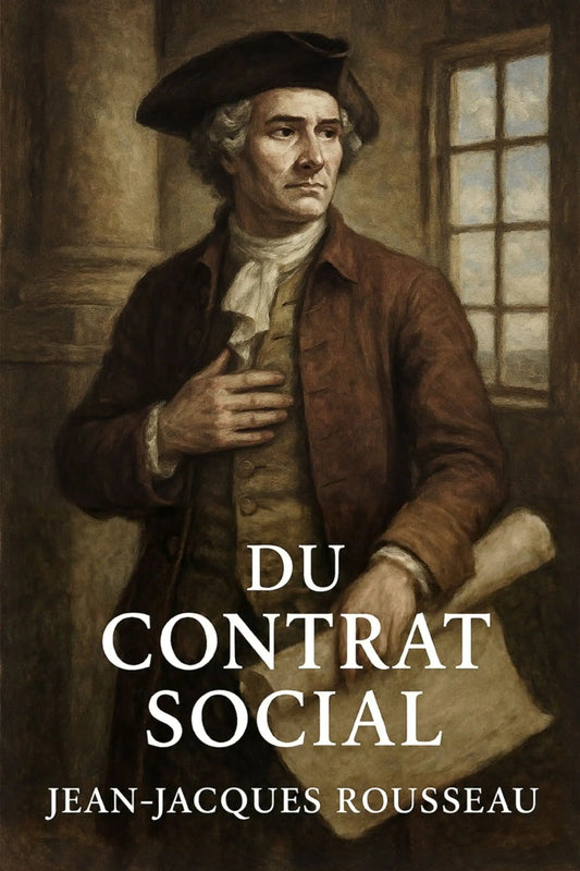 Book cover for 'Du Contrat Social' by Jean-Jacques Rousseau, featuring a painted portrait of Rousseau in historical clothing against a dim interior background with a window.