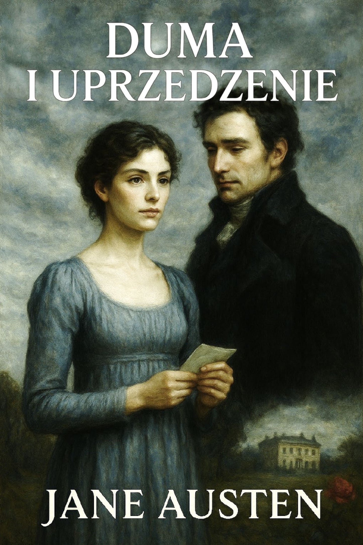 Book cover of 'Duma i uprzedzenie' by Jane Austen featuring a man and woman in a historical setting.