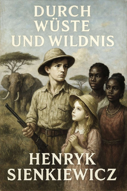Book cover of 'Durch Wüste und Wildnis' by Henryk Sienkiewicz featuring a man, two children, and elephants in a savanna setting.