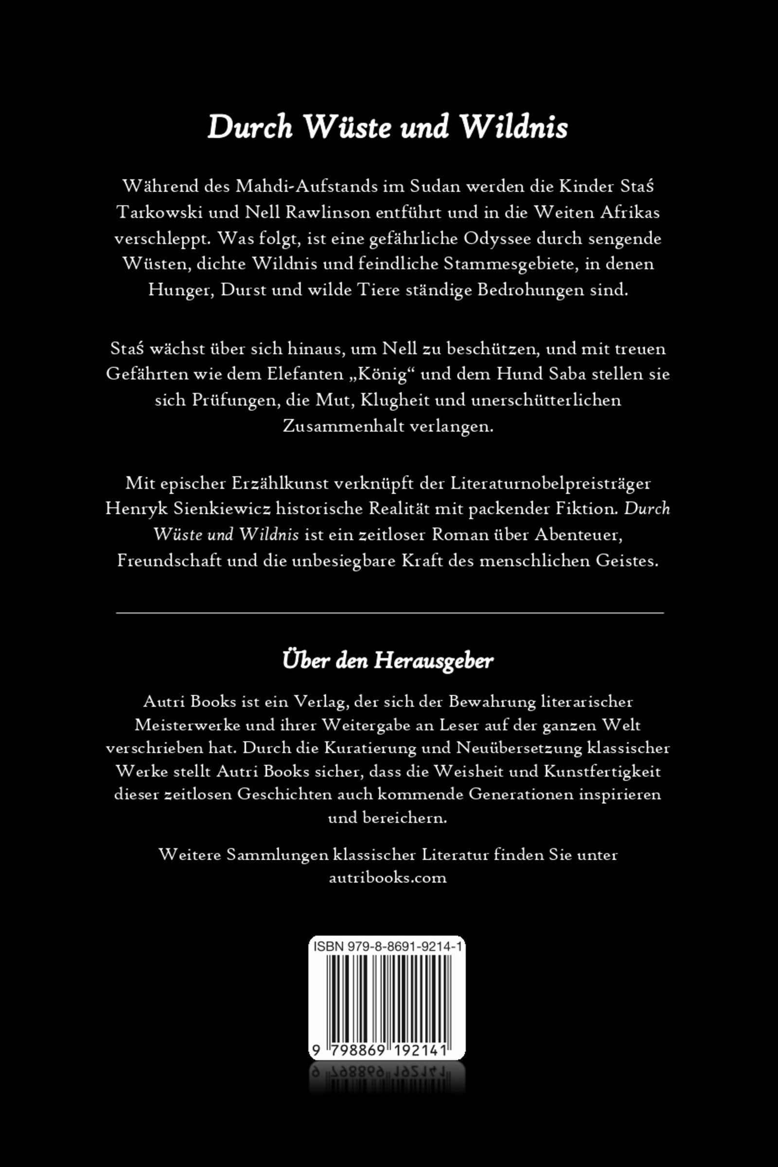Back cover of Durch Wüste und Wildnis with text in German on a black background