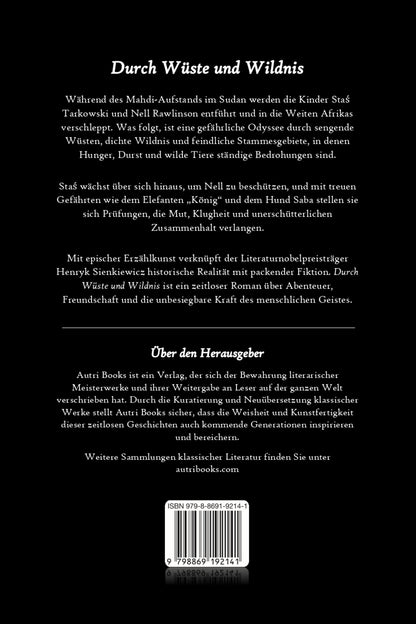 Back cover of Durch Wüste und Wildnis with text in German on a black background