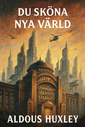 Book cover of 'Du sköna nya värld' by Aldous Huxley with a futuristic cityscape and text.