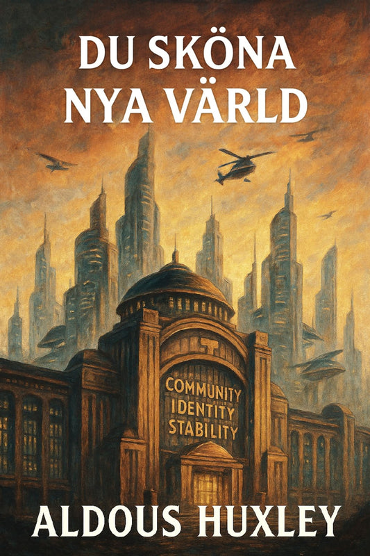 Book cover of 'Du sköna nya värld' by Aldous Huxley with a futuristic cityscape and text.