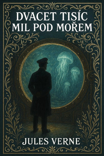 Book cover for Jules Verne's 'Dvacet tisíc mil pod mořem' featuring a dark illustration of a sailor looking out from an ocean scene with glowing jellyfish, framed by ornate gold decorative borders.
