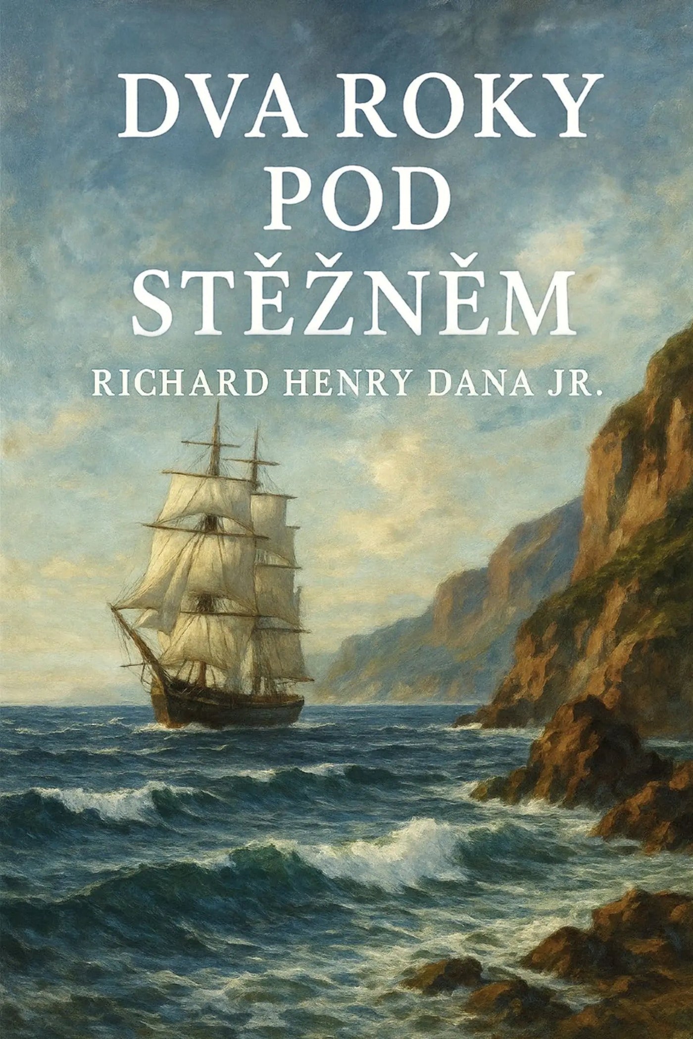 Book cover for 'Dva roky pod stěžněm' by Richard Henry Dana Jr., featuring a painted seascape with a sailing ship, blue ocean, and rocky cliffs under a cloudy sky.
