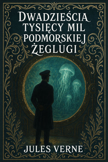 Book cover of 'Dwadzieścia tysięcy mil podmorskiej żeglugi' by Jules Verne, featuring a silhouette of a person in a uniform against a dark background.