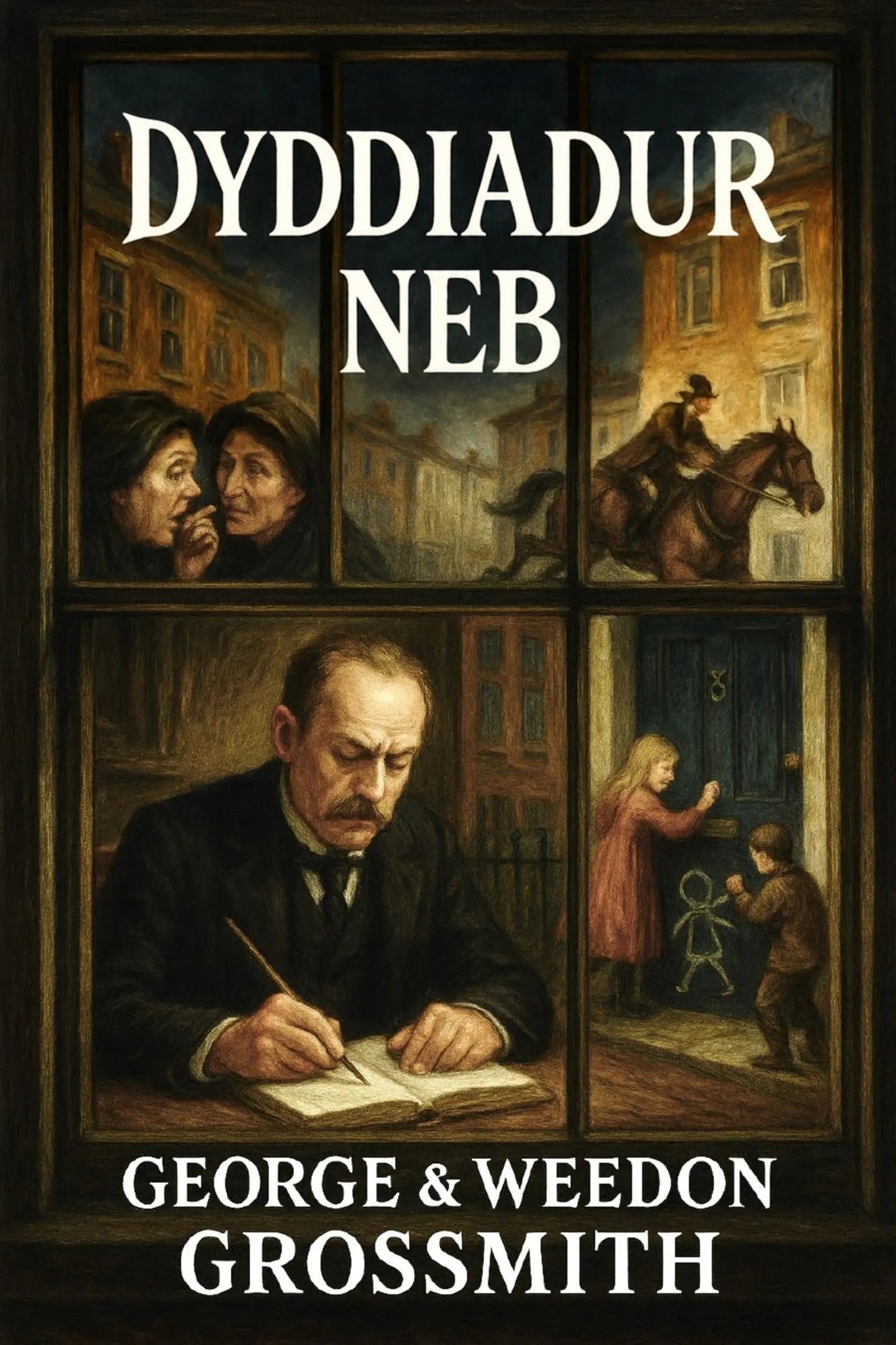 Book cover for 'Dyddiadur neb' by George & Weedon Grossmith, featuring a dark, vintage-style window scene with illustrated scenes and large white title and author text.