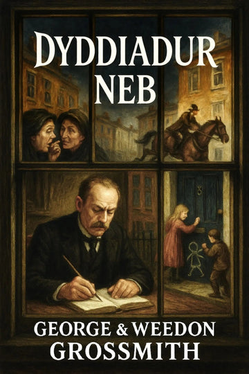 Book cover for 'Dyddiadur neb' by George & Weedon Grossmith, featuring a dark, vintage-style window scene with illustrated scenes and large white title and author text.